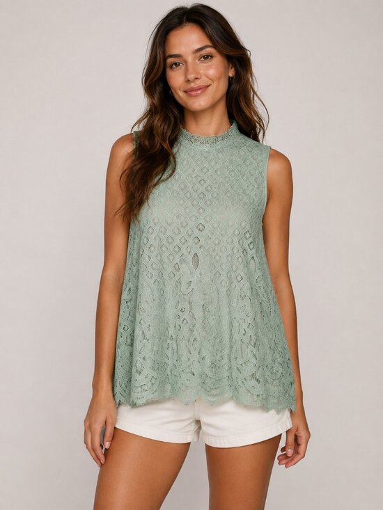 Rewind Tops - Rewind Mint Green Lace Mock Neck Sleeveless Top XL Boho Crochet Overlay Keyhole